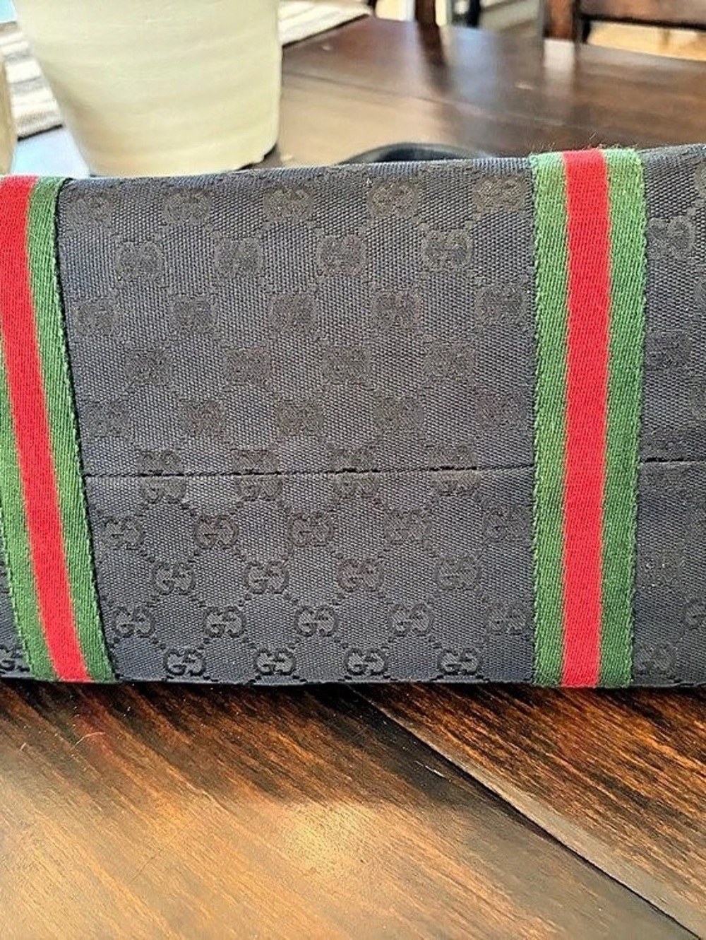 Gucci GG Canvas Web Stripe Tote Bag in Black & Green - Picture 3 of 4